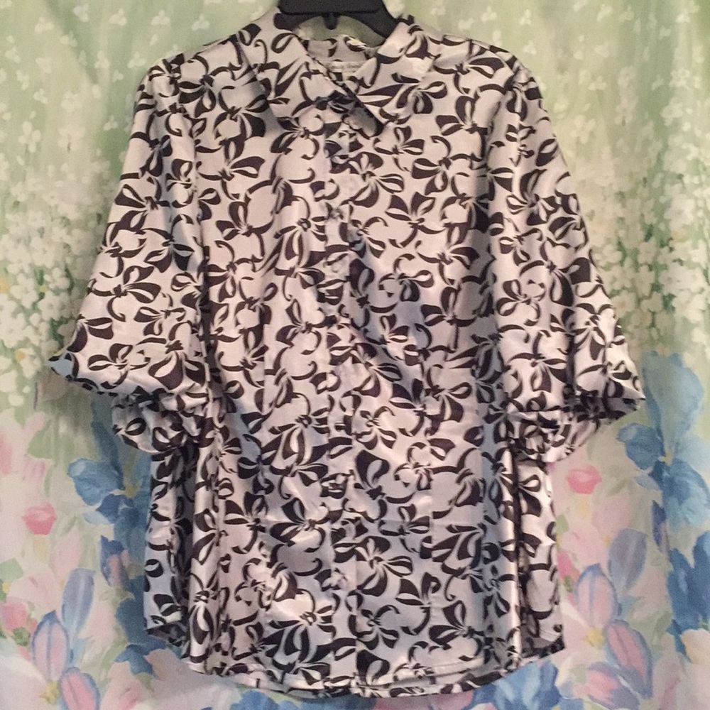 "satin" grey/blk Blouse 1X NWT